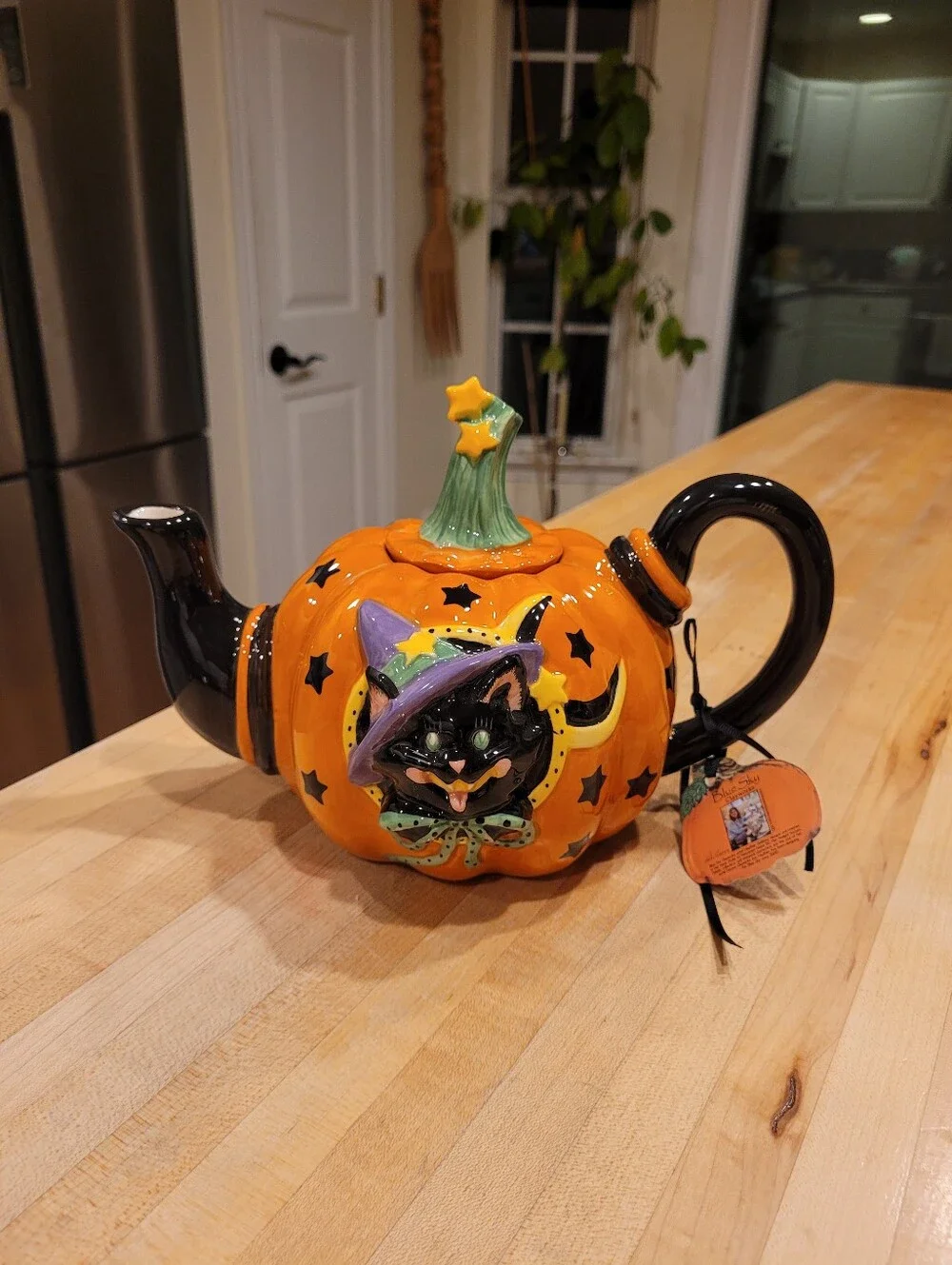 Blue Sky Clayworks Halloween Pumpkin Cat Teapot - Orange & Black